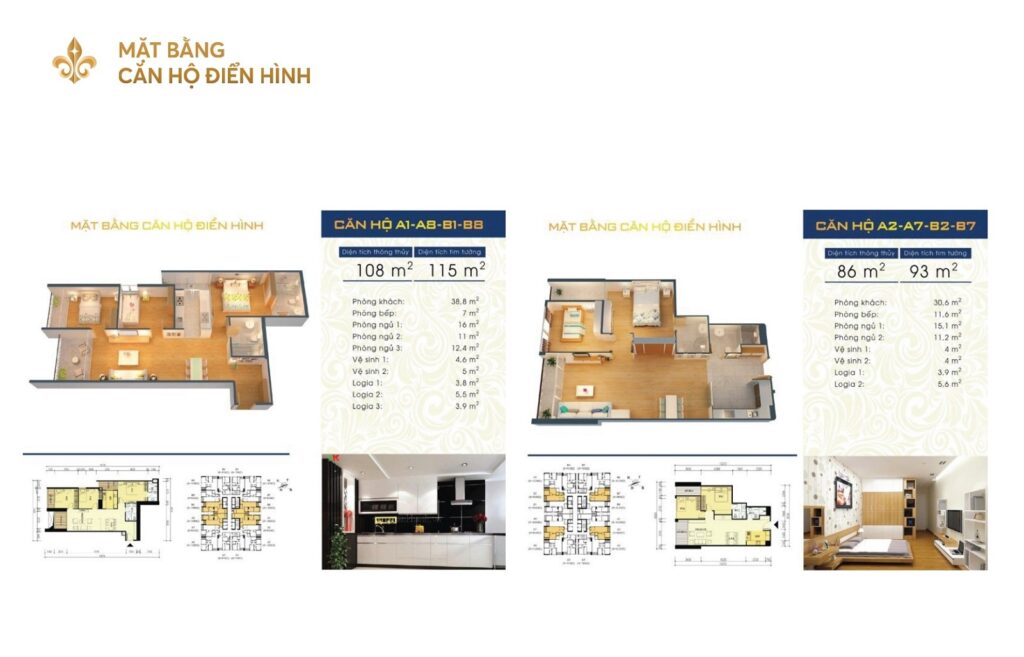 Căn hộ A1-A8-B8-B1: Bốn loại diện tích, 3PN, 3WC.