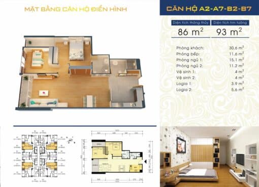 Căn hộ A2-A7-B2-B7 Diện tích 86m2, 2PN, 2WC.