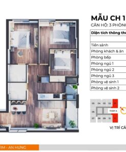 Căn hộ CH1 thiết kế 3PN, 2WC, 2 Logia có diện tích thông thuỷ 91,4m2