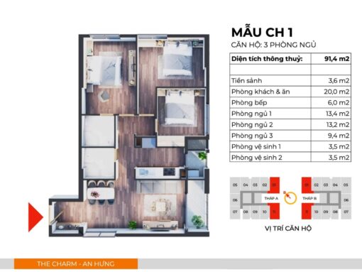 Căn hộ CH1 thiết kế 3PN, 2WC, 2 Logia có diện tích thông thuỷ 91,4m2