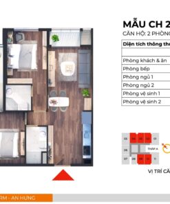 Căn hộ CH2 thiết kế 2PN, 2WC, 2 Logia có diện tích thông thuỷ 72,6m2