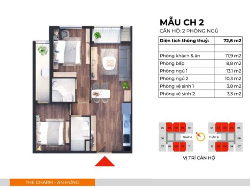 Căn hộ CH2 thiết kế 2PN, 2WC, 2 Logia có diện tích thông thuỷ 72,6m2