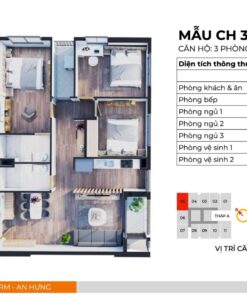 Căn hộ CH3 thiết kế 3PN, 2WC, 2 Logia có diện tích thông thuỷ 95,9m2