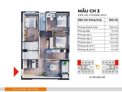 Căn hộ CH3 thiết kế 3PN, 2WC, 2 Logia có diện tích thông thuỷ 95,9m2