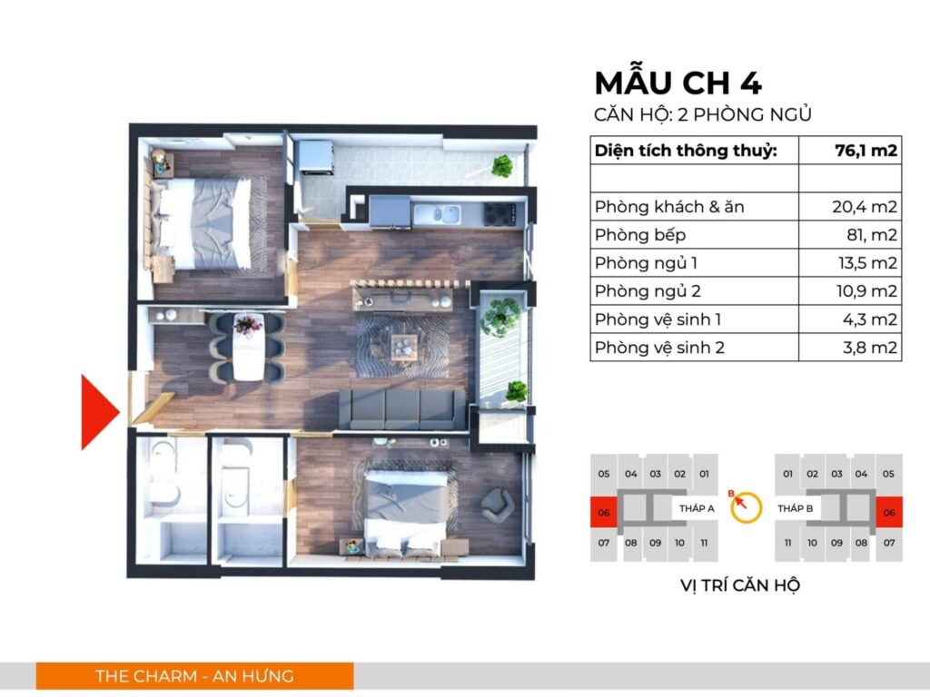 Căn hộ CH4 thiết kế 2PN, 2WC, 2 Logia có diện tích thông thuỷ 76,1m2