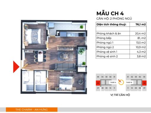 Căn hộ CH4 thiết kế 2PN, 2WC, 2 Logia có diện tích thông thuỷ 76,1m2