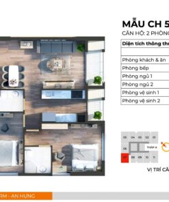 Căn hộ CH5 thiết kế 2PN, 2WC, 2 Logia có diện tích thông thuỷ 77,8m2