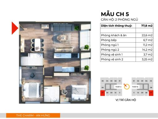 Căn hộ CH5 thiết kế 2PN, 2WC, 2 Logia có diện tích thông thuỷ 77,8m2