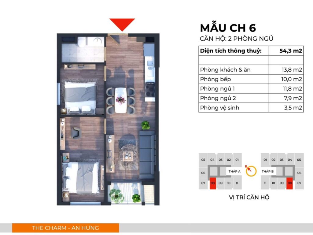 Căn hộ CH6 thiết kế 2PN, 1WC, 1 Logia có diện tích thông thuỷ 54,3m2.