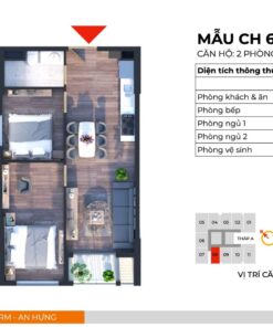 Căn hộ CH6 thiết kế 2PN, 1WC, 1 Logia có diện tích thông thuỷ 54,3m2.