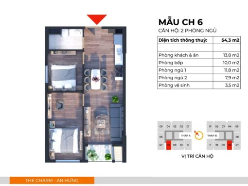 Căn hộ CH6 thiết kế 2PN, 1WC, 1 Logia có diện tích thông thuỷ 54,3m2.