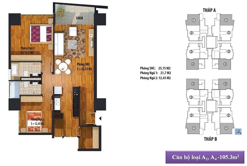 Căn hộ loại A1 - A4 diện tích 105 M2