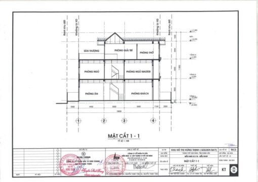 Mặt cắt 1-1 mẫu thiết kế Pháp Golden Bay diện tích 8×18