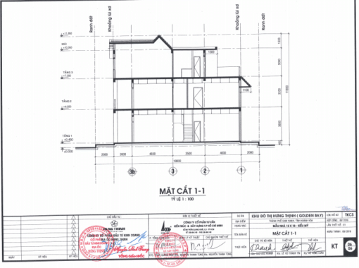 Mặt cắt 1-1 mẫu thiết kế nhà kiểu Mỹ Golden Bay diện tích 12×18